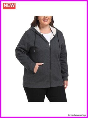 Plus Size Fleece Zip Up Hooded Jacket Sherpa Lined Warm Coat